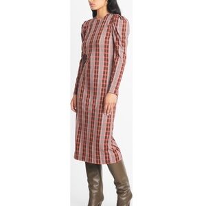Tanya Taylor Brown Plaid Long Sleeve Dress